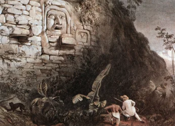 Metsästäjä ja hänen oppaansa Itzam Nan maya-pään edessä