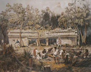 Arkeologit Frederick Catherwood ja John Lloyd Stephens mittaamassa Tulumin temppeliä Yucatanissa Meksikossa, kuva artikkelista "Näkymät muinaisista monumenteista Keski-Amerikassa, Chiapasissa ja Yucatanissa",