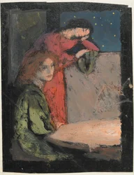 Kaksi tyttöä pöydän ääressä Varo tähtiyötä, 1905 (tempera kortissa)