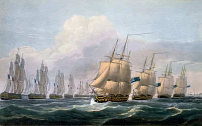 Kapteeni Beresford HMS Theseuksessa, joka johtaa laivueensa julkaisusta "The Naval Chronology of Great Britain", kirjoittanut J. Ralfe, 1820