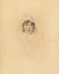 Lady Augusta Lowtherin muotokuva, Fanen kreivitär, Lonsdalen ensimmäisen jaarlin vaimo. Frederick Christian Lewisin käsin sävytetty kaiverrus Sir Thomas Lawrencen kuvituksesta P.G. Patmoren jalokivikaappi, Ackermann, Lontoo