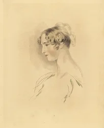 Muotokuva Mary Isabella Bloxamista nuorena naisena, Sir Thomas Lawrencen veljentytär. Hiukset ylhäällä ja kiharrettuina, olkapäiden mekossa. Frederick Christian Lewisin kaiverrus Sir Thomas Lawrencen P.G. Patmoren kabinetti G