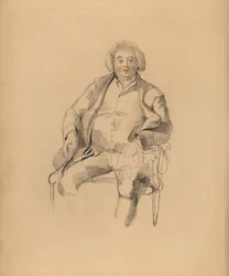 Sir Thomas Lawrencen isän, majatalonhoitaja Thomas Lawrencen muotokuva. Peruukkipukuinen mies istuu tuolilla. Frederick Christian Lewisin käsin sävytetty kaiverrus Sir Thomas Lawrencen kuvituksesta P.G. Patmoren jalokivikaappi, Ackermann, Lontoo