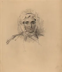 Sir Thomas Lawrencen äidin Lucy Readin muotokuva lähellä kuolemaa. Konepellillä ja korkea-aukkoisella mekolla. Frederick Christian Lewisin käsin sävytetty kaiverrus Sir Thomas Lawrencen kuvituksesta P.G. Patmoren jalokivikaappi, Ackermann, Lontoo