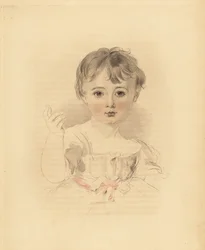 Thomas Lawrence Bloxamin muotokuva, Sir Thomas Lawrencen veljenpoika. Vaaleanpunaisella nauhalla sidottu mekko. Frederick Christian Lewisin käsin sävytetty kaiverrus Sir Thomas Lawrencen kuvituksesta P.G. Patmoren jalokivikaappi, Ackermann, Lontoo
