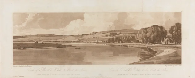 Näkymä Belle Vuelle ja Pont de Sevelle otettu terassilta lähellä Pont de St. Cloudia 1802; Kilpi 13 Näkymät Pariisissa, Emanuel Volume jäljitys levystä B1981.25.2622