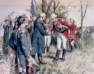 Yhdysvaltain itsenäisyyssota (1775-1783): brittikenraali John Burgoynen (1722-1792) antautuminen Saratogassa vuonna 1777 - Kuvitus F.C. Yohn (Frederick Coffay Yohn) (1875-1933)