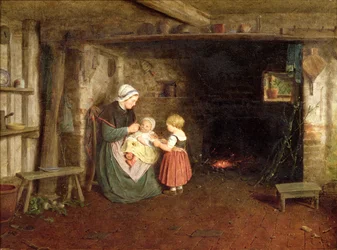 Odotus: Mökin sisustus, jossa on äiti ja lapset, 1854