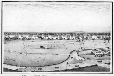Strand ja krikettikenttä, panoraama Kalkuttaan, Intiaan, 1840-luku.