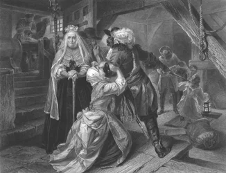 Alice Lislen pidätys Sedgemoorin taistelun pakolaisten suojelemisesta, 1685, noin 1864