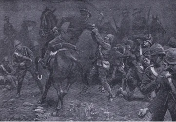 Majuri Boole-Smith tarttuu De Wetiin, teoksesta After Pretoria: The Guerilla War (Pretorian jälkeen: sissisota), jonka on julkaissut Harmsworth Bros Limited, 1901.