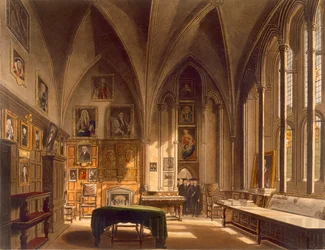 Kapitaalitalon sisustus, kuvitus "History of Oxfordista", kaiverrettu J. Bluck (fl.1791-1831) pub. kirjoittanut R. Ackermann, 1813 (akvatinta)