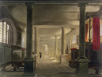 Cambridgen oikeustieteellisen tiedekunnan sisustus, teoksesta "The History of Cambridge", kaiverrettu Joseph Constantine Stadler (fl.1780-1812), pub. R. Ackermann, 1815 (väriakvatinta)
