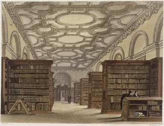 Cambridgen julkisen kirjaston sisustus, "The History of Cambridge", kaiverrus Daniel Havell (1785-1826), pub. R. Ackermann, 1815 (väriakvatinta)