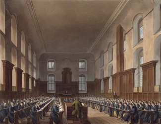 Kirjoituskoulu, Christ Hospital, Ackermannin "History of Christ Hospital" -kirjasta, osa "History of the Colleges", kaivertanut J. Stadler, julkaistu 1816 (akvatinta)