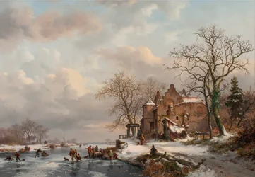 Talvimaisema luistelijoiden kanssa jäätyneellä joella, 1862