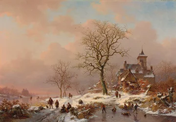 Talvimaisema, jossa hahmot leikkivät jäällä, 1868