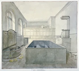 Sisäkuva kappelista Newgaten vankilassa, Old Baileyssä, Lontoon kaupungissa, 1840