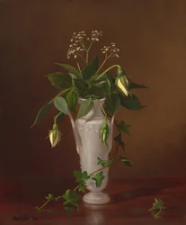 Myosotis ja ruusuja maljakossa, n.d. (öljy kankaalle)