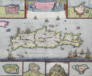 Candian saaren (Kreetan) kartta sekä Iraklionin merisatama, noin 1680