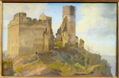 Näkymä Schonburgin linnan raunioista lähellä Oberweseliä Reinin rannalla Saksassa Frederik Hansen Sodringin maalaus (1809-1862)