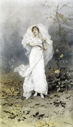 Nainen metsässä - Syksyn allegoria, kalenterin kuvittaja Hubert Dys, maalannut F.H. Kaemmerer