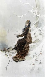 Nainen lumessa: Talven allegoria, kalenterin kuvittanut Hubert Dys, maalannut F.H. Kaemmerer