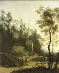 Italialainen maisema metsästäjien kanssa