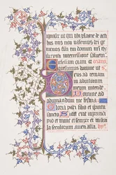Full il·luminat amb inicial E recto, borde de vinya verso, 1830-62. finlandès