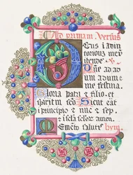 Valaistu D-kirjain koristellun reunuksen sisällä, 1830-62.