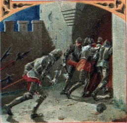 100-vuotinen sota: burgundien armeija valtasi Pierrefondsin linnan pettämällä (1300-luku). 1800-luvun lopun kromolitografia