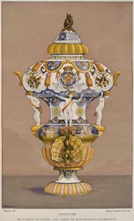 1700-luvun fajanssisuihkulähde Montmorency Luxembourgin vaakunalla, valmistettu Rouenissa, kuvitus Henry Havardin Dictionnaire de lameublement et de la decoration, osa 2,
