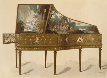 1700-luvun groteskilla koristeltu cembalo, kuvitus Henry Havardin Dictionnaire de lameublement et de la decoration, osa 1, Paris, Maison Quantin, 1878