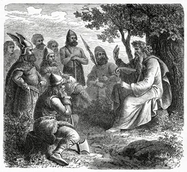 Bard lausumassa pohjoismiehille, n. 1882 (puukaiverrus)