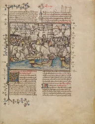 Taistelu Troijan sodasta, n. 1390-1400 (tempera, pesut ja kultalehti pergamentilla)