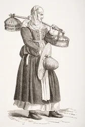 Munien jälleenmyyjä, Cesare Vecellion (1521-1601) 1500-luvun puupiirros Paul Lacroixin (1806-84) teoksesta "Le Moyen Age et La Renaissance", julkaistu 1847