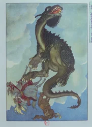 Taivaalta putoava lohikäärme, kuvitus unkarilaisesta tarinasta "The Story of Fairy Pervenche", n. 1910 (värilitho)