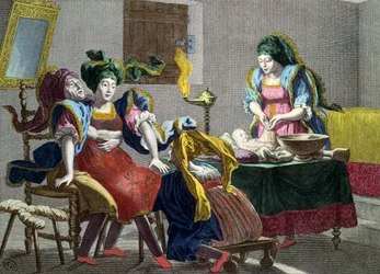 Kreikkalainen nainen saaristosta synnyttämässä, 1700-luvun toinen puoli