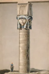 Hathor-päinen pilari Dendarahissa, kuva Kuvaukset Egyptistä, Edmonde Francois Jomard (1777-1862), julkaistu 1809-22 (wc paperilla)