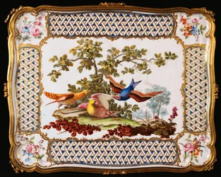 Ludvig XV Sevres -tarjotin, joka on koristeltu kolmella eksoottisella linnulla maisemassa, muodostaen pöydän kannelle kahvilan, 1761