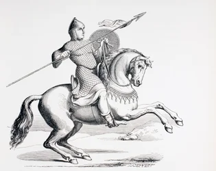 Norman Knight pukeutunut ketjupostiin ja kypärään kantaen keihää ja kilpiä, 1873