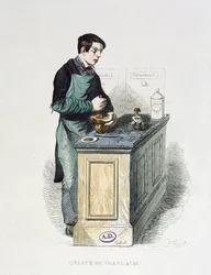 Apteekkiopiskelija valmistelee lääkettä, kuvitus teoksesta The French Painted by Themselves, Editions L. Curmer, 1841 (värikaiverrus)