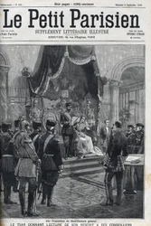 Ehdotus yleisestä aseistariisunnasta (tehty eurooppalaisille maille) - Tsaari Nikolai II (1868-1918) lukee käsikirjoituksensa neuvonantajilleen. Le Petit Parisien