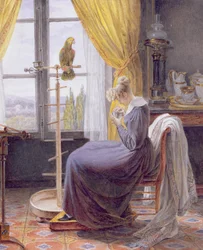 Nainen ruokkimassa papukaijaa sisätiloissa, n. 1820 (wc, guassi paperilla)