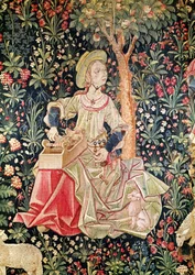 A Woman Spinning, yksityiskohta Le Travail de la Lainesta, osa La Noble Pastoralea, n. 1500 (villa- ja silkkikudos)