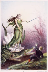Poika naisen edessä, joka on kahden krokotiilin vetämän säiliön selässä - H. de la Blanchèren teoksessa "Matka merenpohjaan". Pariisi, toim. Jouvet et Cie, sd. 1880.