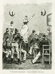 Kahvila laulaa Bourg Leopoldissa. A.Hubertin kaiverrus havainnollistamaan tarinaa La Belgique, kirjoittanut Camille Lemonnier, in le tour du monde 1886, ohjannut Edouard Charton (1807-1890), Hachette, Paris.