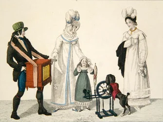 Pyörällä leikkivä koira musiikkilaatikon kanssa, levy 85 "le Bon Genre", n. 1810 (värikaiverrus)
