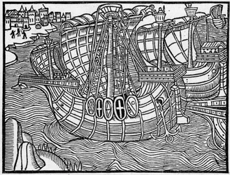 Laivasto 1400-luvulla "Vergier Dõhonneur" -kaiverruksen jälkeen. Kaiverrus kirjaan "La Marine et les colonies: commerce"