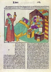Potilas lääkärin ja apteekkihenkilökunnan kanssa, Barthelemy lAnglaisin Le Livre des Proprietes des Choses -teoksesta, 1485 (värillinen puupiirros)